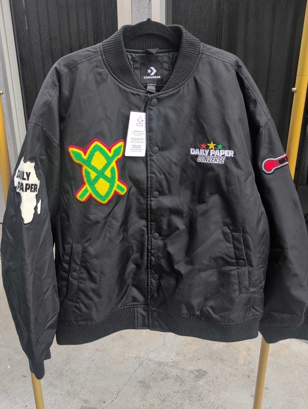 Converse x Daily Paper Black Bomber Jacket with Colorful Patches Mens Size XL - Picture 2 of 7
